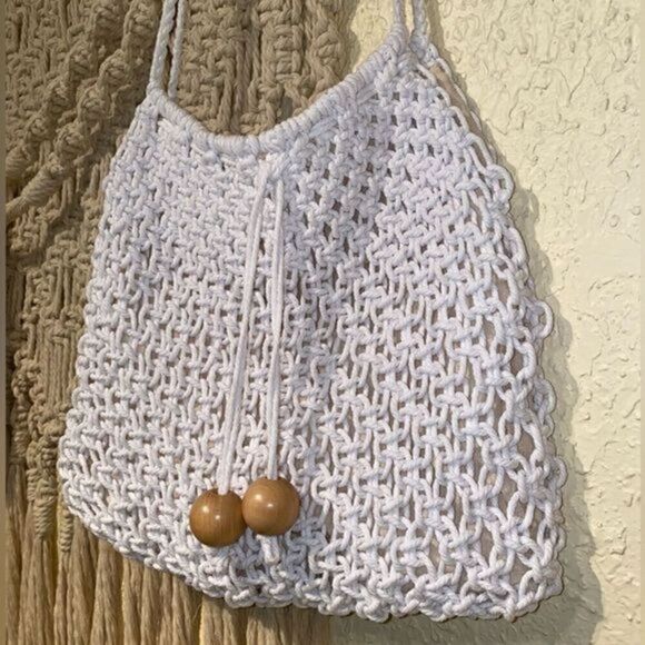 Handmade Macrame White Bag with Two Large Wooden Beads Boho Crochet Purse - Picture 1 of 13